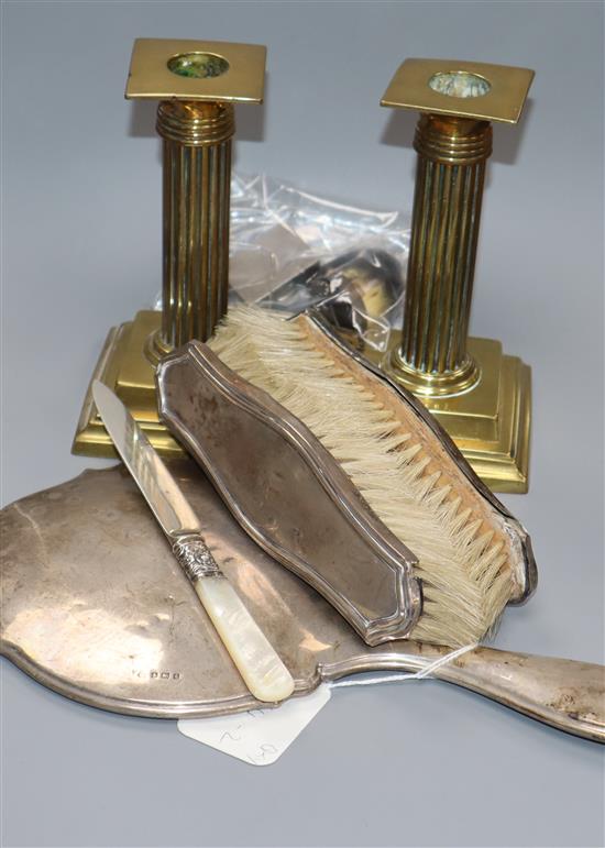A horn and silver snuff mull, a silver box, a mirror and brush set, a pen set etc